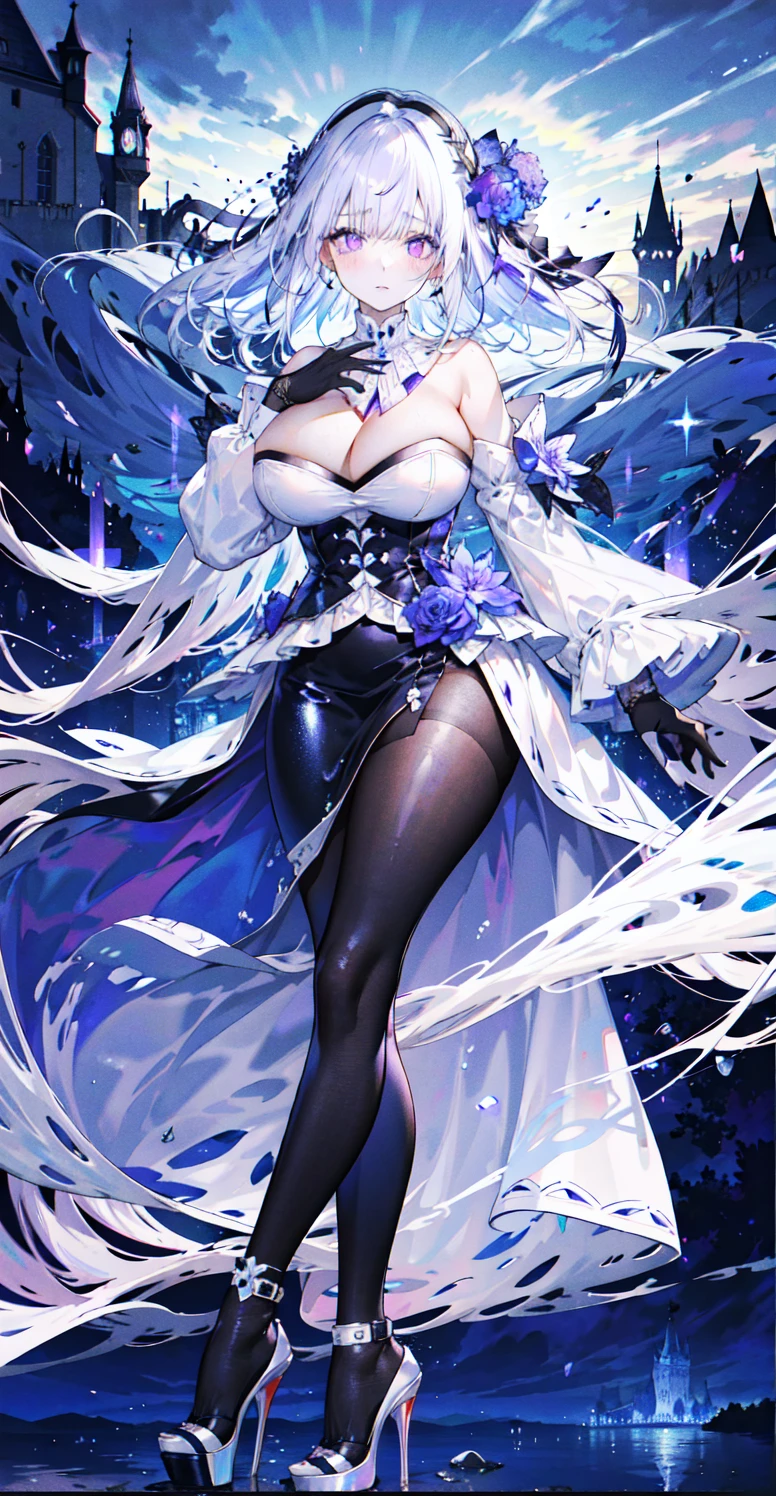 ((masterpiece:1.4,best quality)),(Super detailed),(Extremely detailed eyes),(black leggings,Shiny socks:1.5),Hello Darkness
(Cute girls),,(Blood-red pupils,Diamond-shaped pupil:1.15),Purple Eyeshadow,(elongated hair,Thick hair,Single ponytail,shiny hair:1.5)(Changes through:1.2),despair,sad,Empty eyes,tears streaming down my face,tilting its head to the side,
(She wore a blue dress,:1.5),(Black gloves:1.4)Very long plush sleeves,White,White Cloud,Dream bubbles ,Ice and glitter effects
(Black long skirt:1.1),
((Starry Sky:1.2)),
(Intense black and white:1.16),(Depth of Field:1.4),,Intricate details,(((Detailed background,Castle in the Sky,Purple flowers by the lake))),(((Huge breasts,Bare breasts,Deep cleavage,White stiletto high heels)))