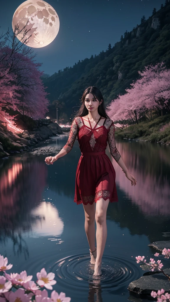8K, ultra hd, masterpiece, 1 girl, ((18 years old girl)), good face, very long hair, detailed eyes, detailed lips, small breasts, detailed clothing, red clothing, ((criss-cross lace)), sardine, ornament, jewellery, antique jewellery, loops, straps, dim lighting, epic scenery, ((night scenery:1.5)), ((Realistic moon)), cherry blossom, beautiful, rain, flowers, butterfly, water reflection, RTX 4090, (unreal engine 5), ray tracing, bloom effect, front body,