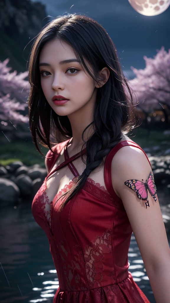 8K, ultra hd, masterpiece, 1 girl, ((18 years old girl)), good face, very long hair, detailed eyes, detailed lips, small breasts, detailed clothing, red clothing, ((criss-cross lace)), sardine, ornament, jewellery, antique jewellery, loops, straps, dim lighting, epic scenery, ((night scenery:1.5)), ((Realistic moon)), cherry blossom, beautiful, rain, flowers, butterfly, water reflection, RTX 4090, (unreal engine 5), ray tracing, bloom effect, front body,