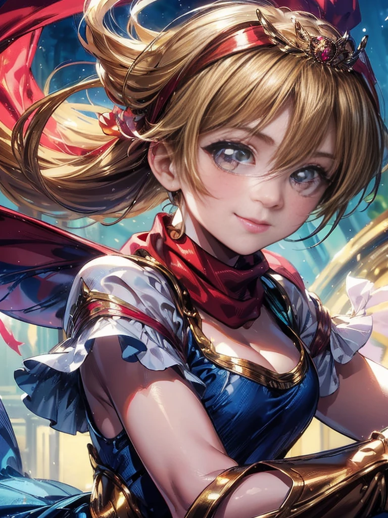 masterpiece、1 beautiful girl、fine eyes、smile,puffy eyes、highest quality, 超High resolution, (reality: 1.4), movie lighting、super beautiful、beautiful skin、body facing forward、Upper body,close up of face,(Ultra-realistic)、(High resolution)、(8k)、(very detailed)、(Beautiful and fine eyes)、(Super detailed)、 (wall-)、detailed face、bright lighting、professional lighting、looking at the viewer、look straight ahead、slanted bangs、perfect cosplay, highest quality,super detailed,1 girl,alone,magical princess,blonde hair,blue clothes,blue skirt,brown eyes,feather hair band,long hair,pauldron,boots,red scarf,tiara,white shoes, flower field background,prepare a bow