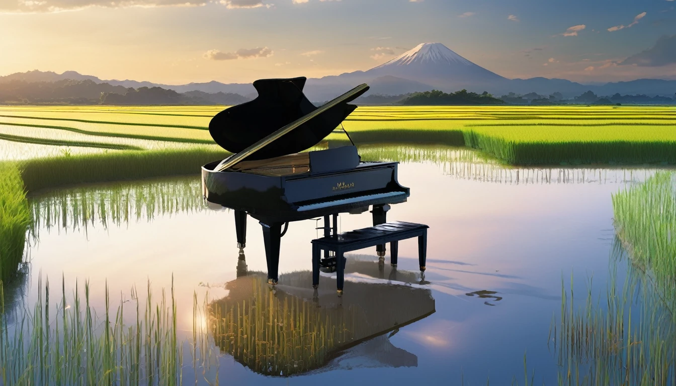 A grand piano placed on a bank in front of a Japanese rice field、The sky is a piercing blue.、Makoto Shinkai style touch、A grand piano placed on the bank in front of the rice fields、The piano is not submerged in water.
