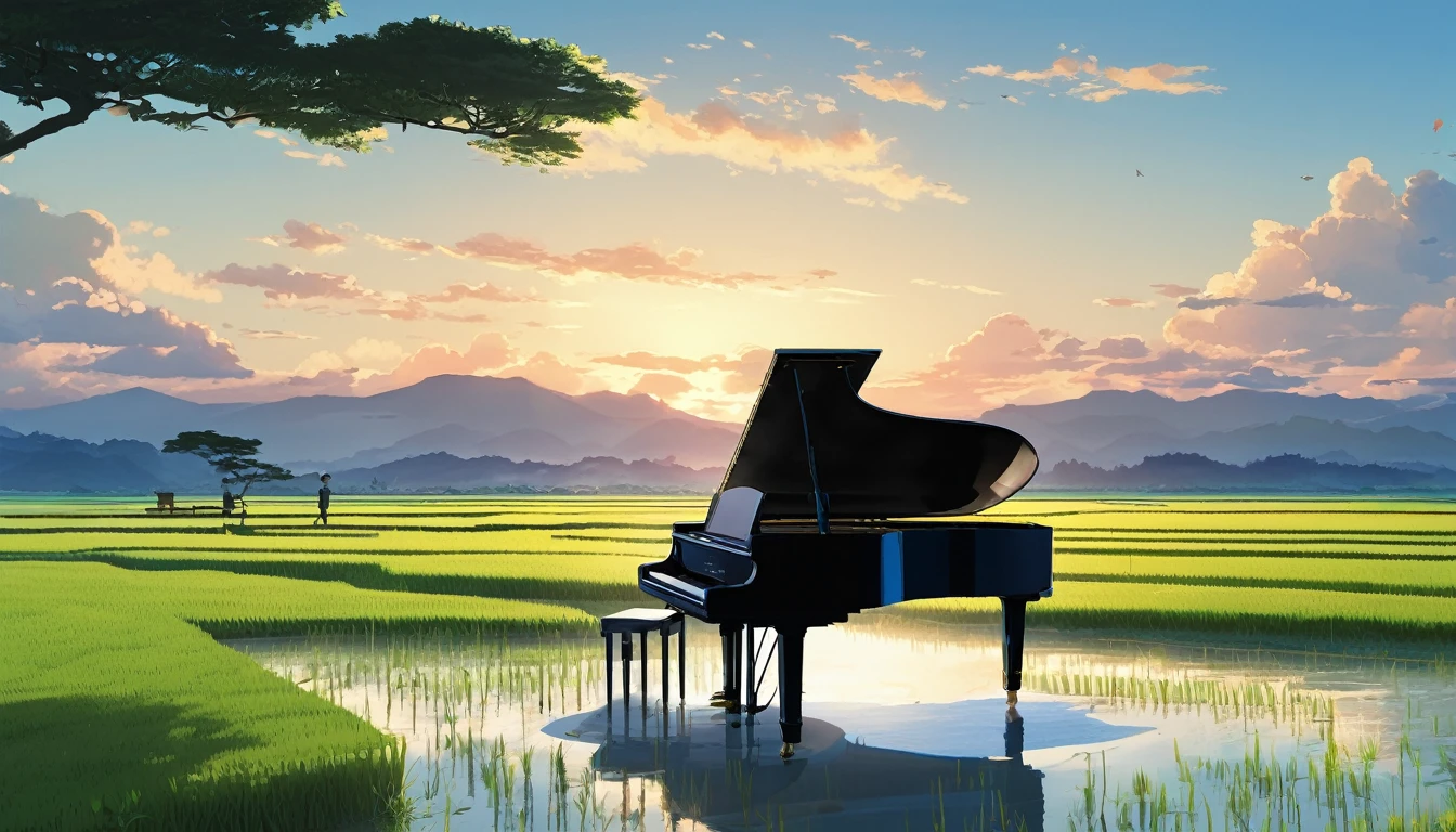 A grand piano placed on a bank in front of a Japanese rice field、The sky is a piercing blue.、Makoto Shinkai style touch、A grand piano placed on the bank in front of the rice fields、The piano is not submerged in water.