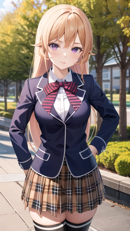 masterpiece, best quality, highres, aaerina, long hair, red bow, striped bow, blazer, blue jacket, long sleeves, plaid skirt, brown skirt, black thighhighs, outdoors, cowboy shot, standing, looking at viewer,