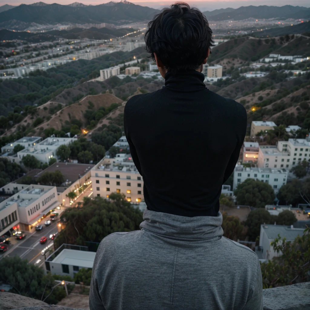 a boy with messy black hair facing his back wearing a black turtleneck on top of the mountain overlooking Hollywood at night
