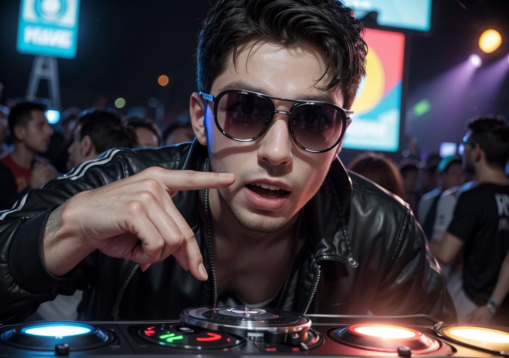 Homem, Dj de 25 anos, com fone de ouvido grande, oculos grandes, colocando som em uma festa rave, ultrarealista