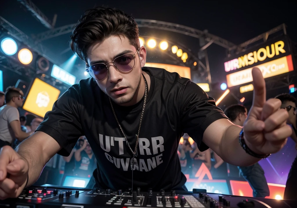 Homem, Dj de 25 anos, com fone de ouvido grande, oculos grandes, colocando som em uma festa rave, ultrarealista
