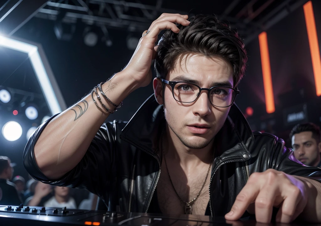Homem, Dj de 25 anos, com fone de ouvido grande, oculos grandes, colocando som em uma festa rave, ultrarealista