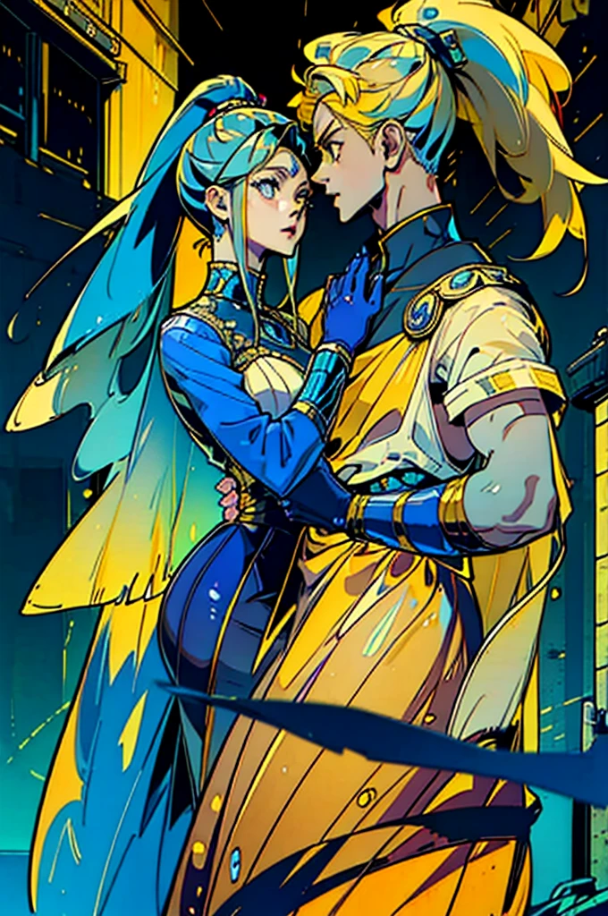 (Best quality, masterpiece: 1.1), 2persons, couple, 1boy, 1girl, yellow mid-length hair boy, blonde boy, boy with yellow eyes, blue haired girl, girl with ponytail, gil with blue eyes, kissing each other, formal business outfit