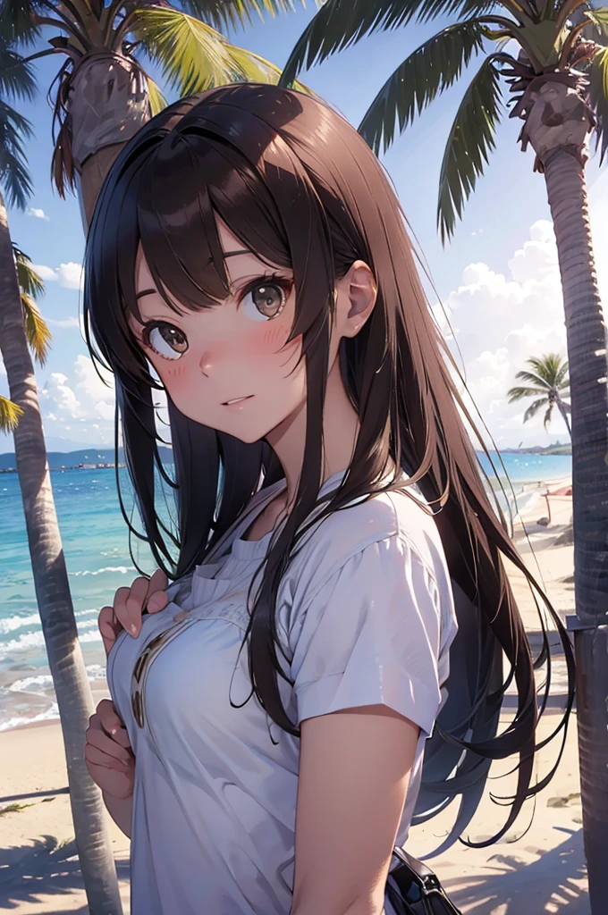 masterpiece, rich colors, Best quality, detailed, high resolution, Hyper quality, high detail, , High quality, detailing, skinny sexy girl on the beach , bright lighting , Brown eyes, anime, palm trees, bright lighting,