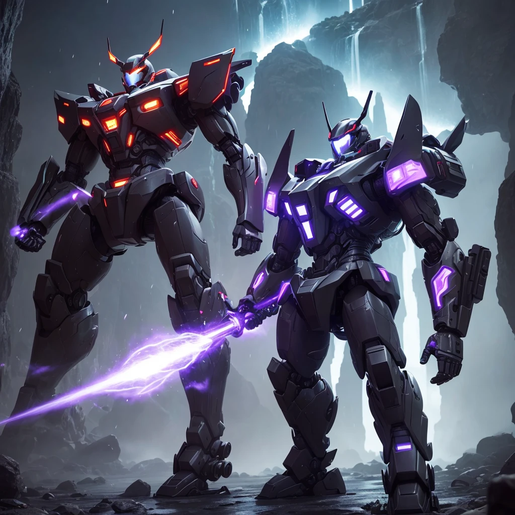 (tronco), (realista, [realistic]), (3d:0.3), dramatic lighting, ((Obra de arte)),(qualidade),(high resolution), Robo samurai with Chinese bamboo hat, [[full body]], There is a mecha samurai with purple purple eyes, ethereal and mecha theme, black octane rendering, aesthetic lock, anime mecha aesthetic, armored core style fuse, Incredibly detailed octane rendering, mecha preto, mecha robot details, mech descartado em segundo plano, 8k octanas renderizadas, fundo uma cachoeira, o personagem esta meditando em uma caverna que fica atras desta cachoeira, the environment is dark but well lit, the character displays many details in addition to his hands being clean and with signs of meditation such as winsha