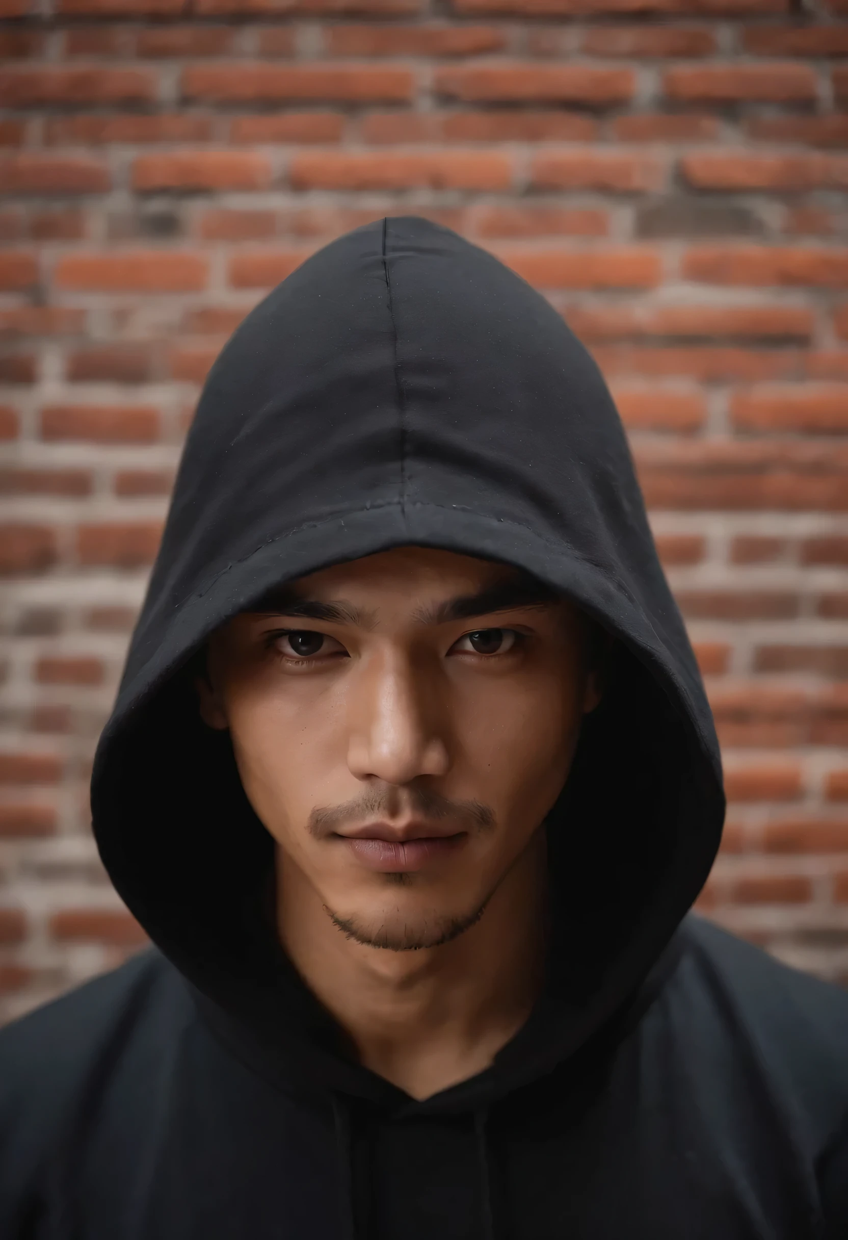 An cinematic image of a mysterious, creepy, Malay man that looked shrouded in mysteries wearing a cap and black hoodie on the torn brick wall, neon background, f1.8