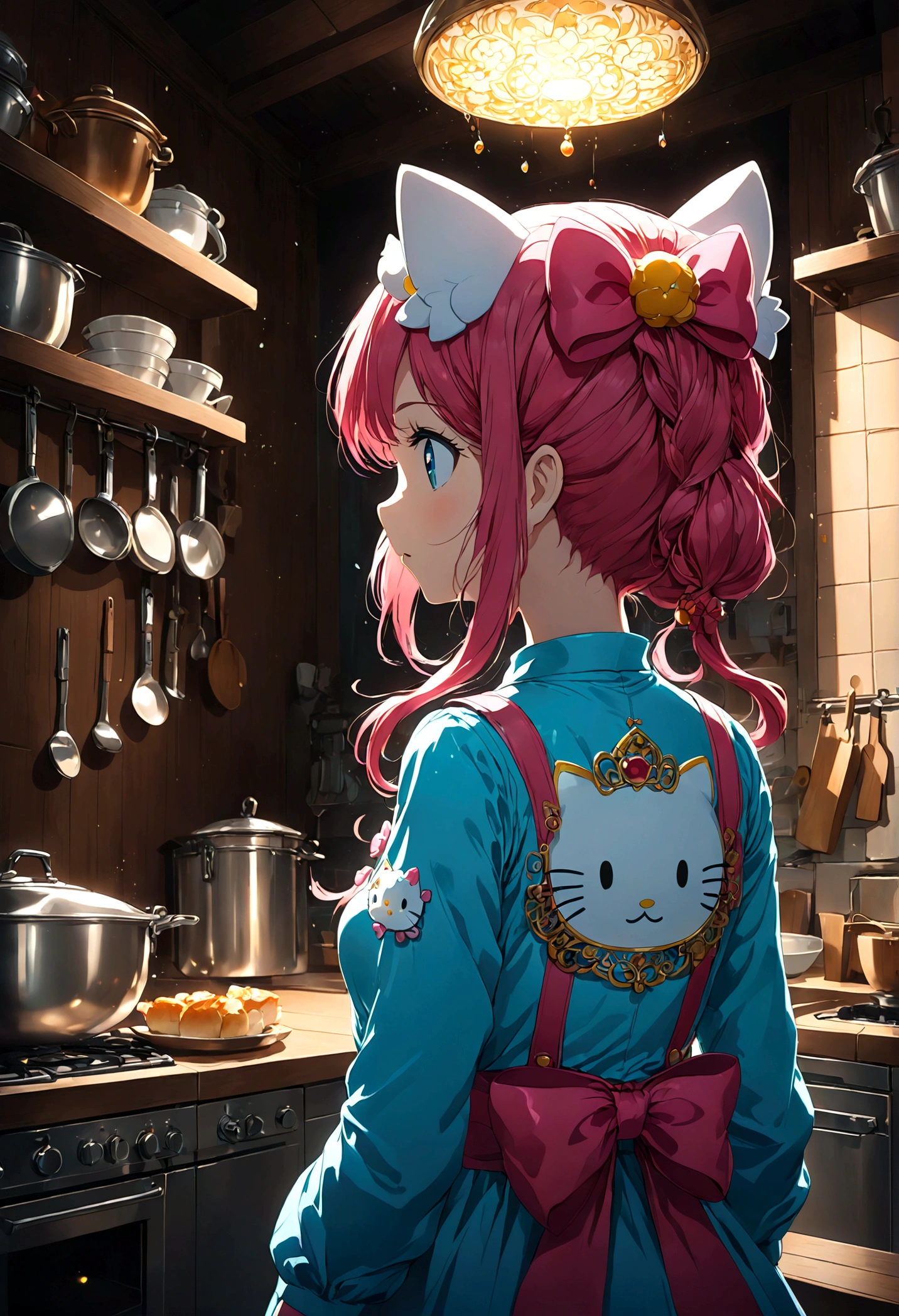 1girl, Hello Kitty, cute, (Back View:1.4), indoor, kitchen, anime screenshot, source_anime, dramatic composition, cinematic dynamic action scene, vibrant colors, cinematic lighting, dramatic lighting, best quality, masterpiece, very aesthetic, perfect composition, intricate details, ultra-detailed