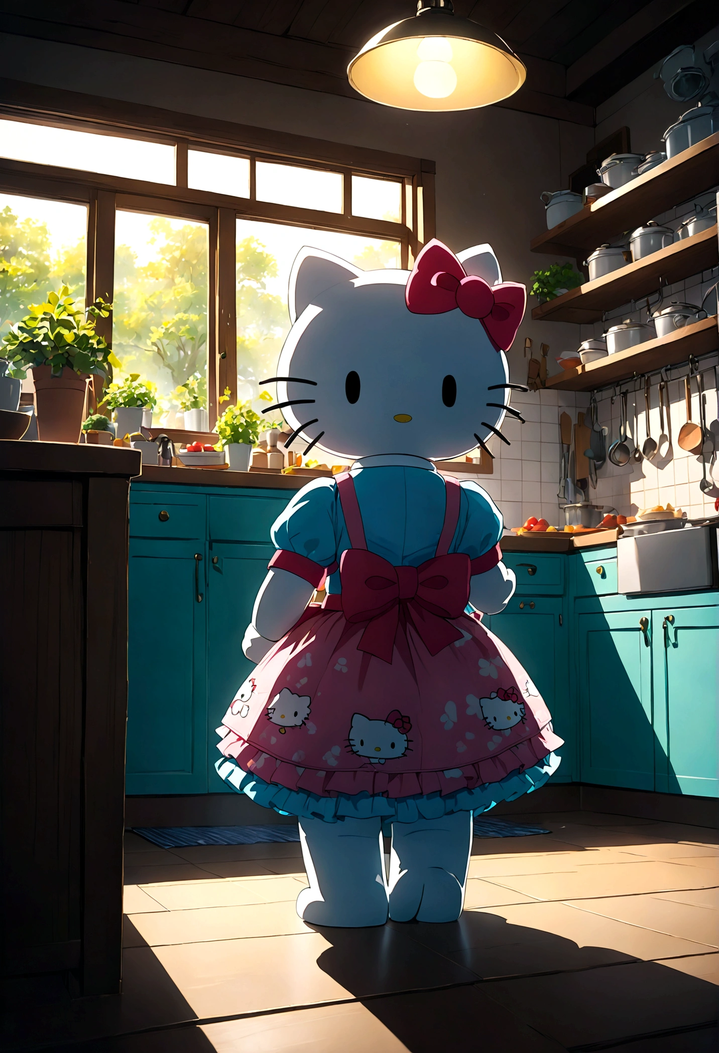 1girl, Hello Kitty, cute, (Back View:1.4), indoor, kitchen, anime screenshot, source_anime, dramatic composition, cinematic dynamic action scene, vibrant colors, cinematic lighting, dramatic lighting, best quality, masterpiece, very aesthetic, perfect composition, intricate details, ultra-detailed