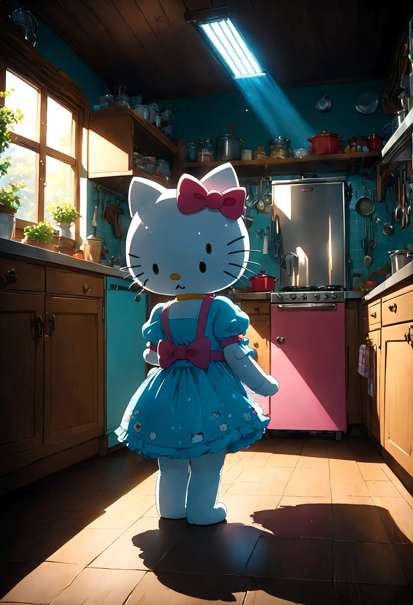 1girl, Hello Kitty, cute, (Back View:1.4), indoor, kitchen, anime screenshot, source_anime, dramatic composition, cinematic dynamic action scene, vibrant colors, cinematic lighting, dramatic lighting, best quality, masterpiece, very aesthetic, perfect composition, intricate details, ultra-detailed