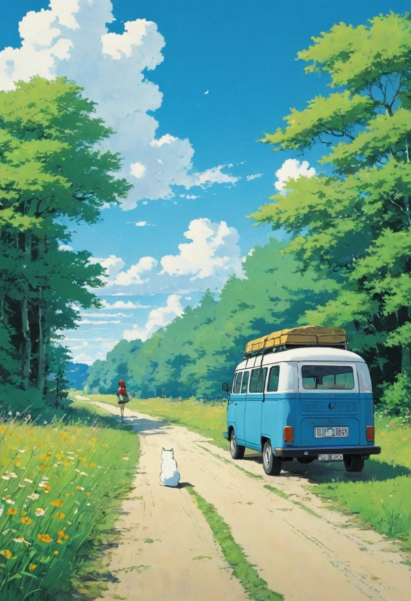 (Minimalismo: 1.4), minibus on the road, German van, Ghibli studio art, Miyazaki, meadow with blue sky and white clouds, back view of Matsu girl and cat at the bus stop,