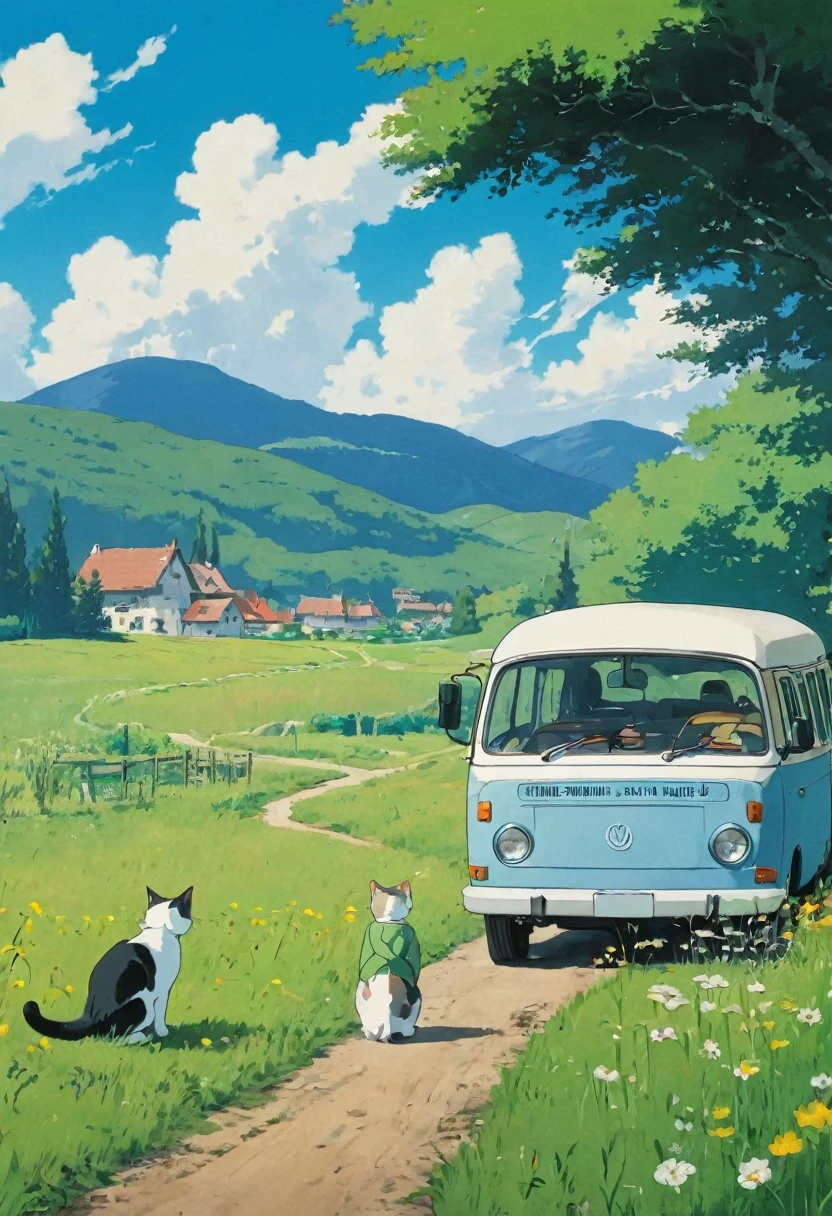 (Minimalismo: 1.4), minibus on the road, German van, Ghibli studio art, Miyazaki, meadow with blue sky and white clouds, back view of Matsu girl and cat at the bus stop,