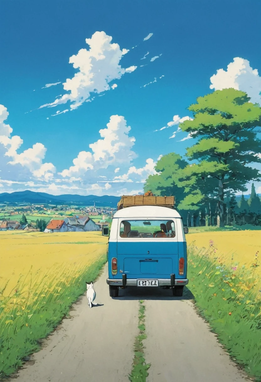 (Minimalismo: 1.4), minibus on the road, German van, Ghibli studio art, Miyazaki, meadow with blue sky and white clouds, back view of Matsu girl and cat at the bus stop,