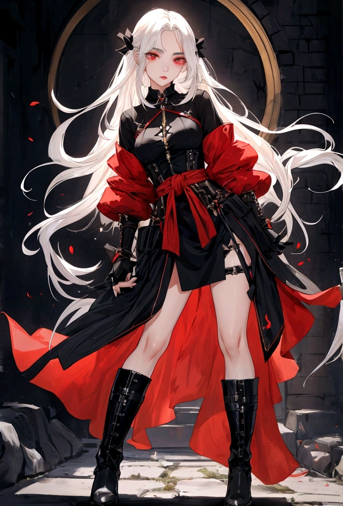 Girl, 20 years old, with long white hair down to below her waist, a serious yet tender expression, and red eyes. Her hair features black streaks. She wears antique-style clothing, a long black dress with a slit on the legs, and high black boots that almost reach her knees. Her power and background are related to shadows and darkness. dark escense, figth stance, detailed