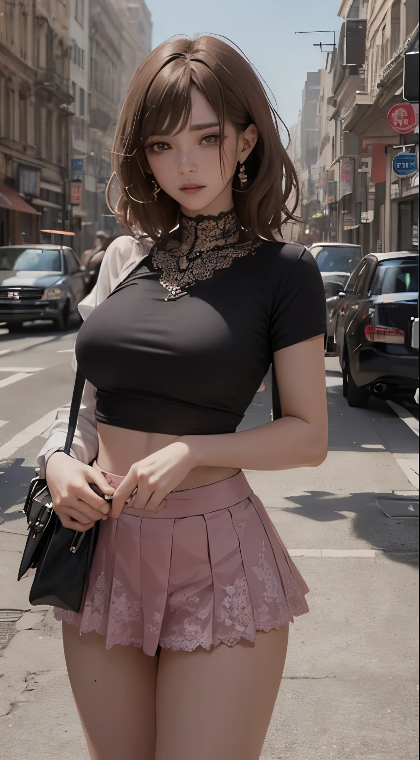 (pink lace mini bra, shirt lift, lifted by self:1.2), mini skirt, ((Best quality, 8k, Masterpiece :1.3)), Sharp focus :1.2, A pretty woman with perfect figure :1.4, Slender abs :1.2, ((Dark brown hair, Big breasts :1.2)),City street:1.2, Highly detailed face and skin texture, Detailed eyes, Double eyelid, (despise:1.5), mini skirt, cowboy shot,