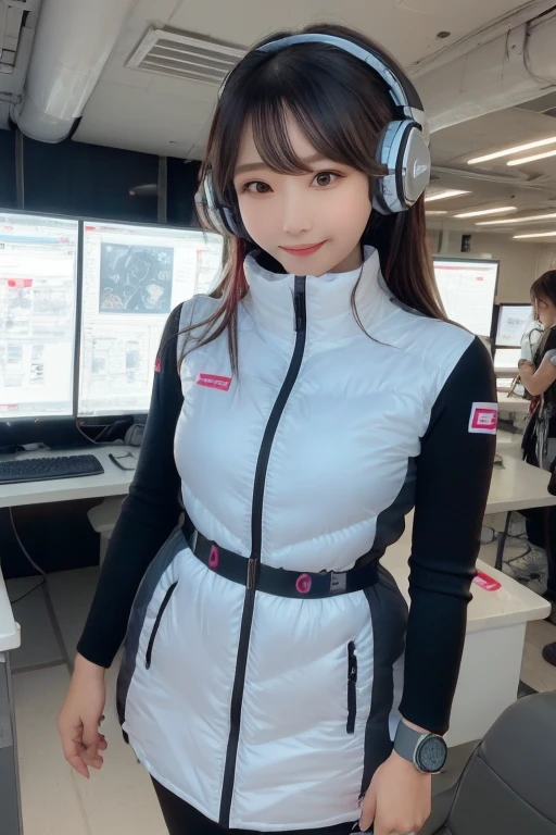 masterpiece, highest quality, Very detailed, 8K Portrait,Japanese Android Girl,plump , Control panel,Robotic arms and legs, Blunt bangs,,break (Metallic Gray, Metallic luster, Mirror finish, Astro Best):5,headphone:5,break (Black sleeves):100,Smart Watches,Futuristic space station,Control Room,break headphone,blue eyes,(Black Hair):2,(Long Hair):1.3,Displaying the viewer,(respirator),break blush:3,Hidden Hand,smile