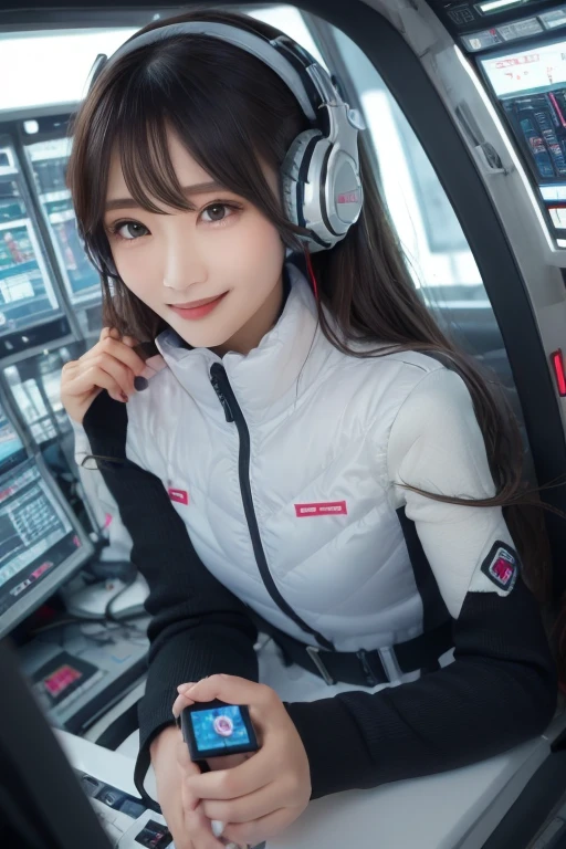 masterpiece, highest quality, Very detailed, 8K Portrait,Japanese Android Girl,plump , Control panel,Robotic arms and legs, Blunt bangs,,break (Metallic Gray, Metallic luster, Mirror finish, Astro Best):5,headphone:5,break (Black sleeves):100,Smart Watches,Futuristic space station,Control Room,break headphone,blue eyes,(Black Hair):2,(Long Hair):1.3,Displaying the viewer,(respirator),break blush:3,Hidden Hand,smile
