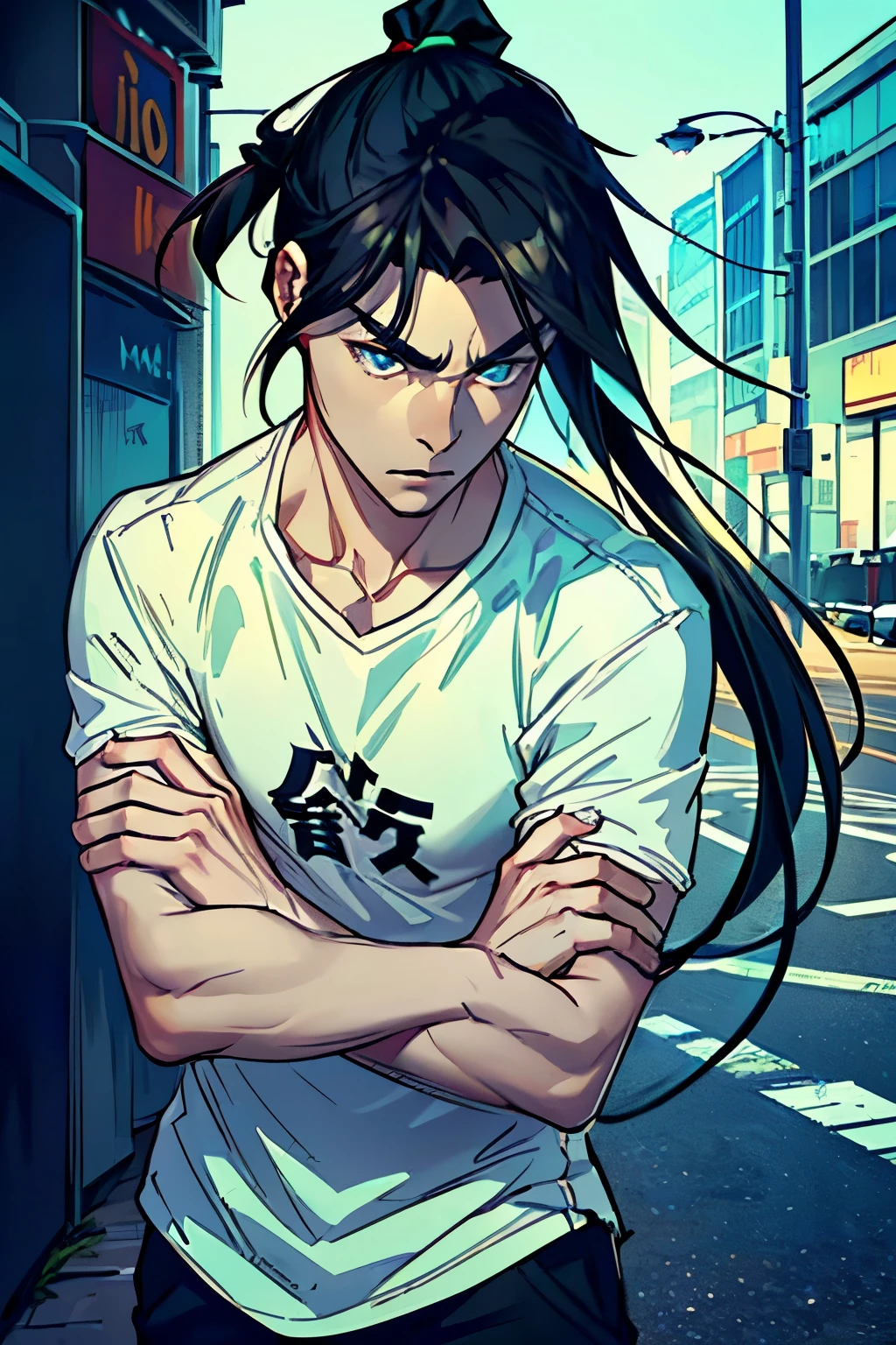 Handsome (((young man)), (((male))), intelligent, blue eyes, emerald eyes, black hair, straight hair, long hair, dark hair bound up in a ponytail, (((ponytail))), pale skin, serious expression, urban casual clothes, going through breakup, Stern fase, action pose