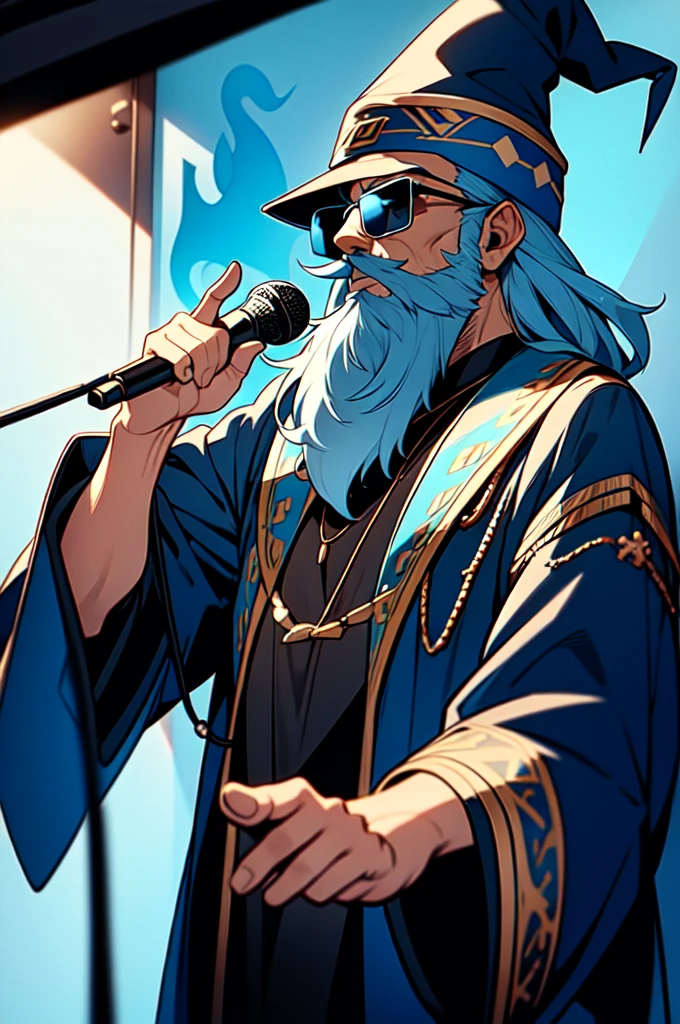 Old Wizard wearing a blue Wizard outfit and wearing sunglasses and rocking a wicked Black beard in the recording studio, rapping into a hanging microphone, recording studio for music , soundproof walls, 4k , high quality, realistic ,digital art , Blue robe, Bluewizard hat , Mythical chains , Wizard staff with a microphone as the tip, {rapping into microphone} Looking away from viewer , looking at microphone