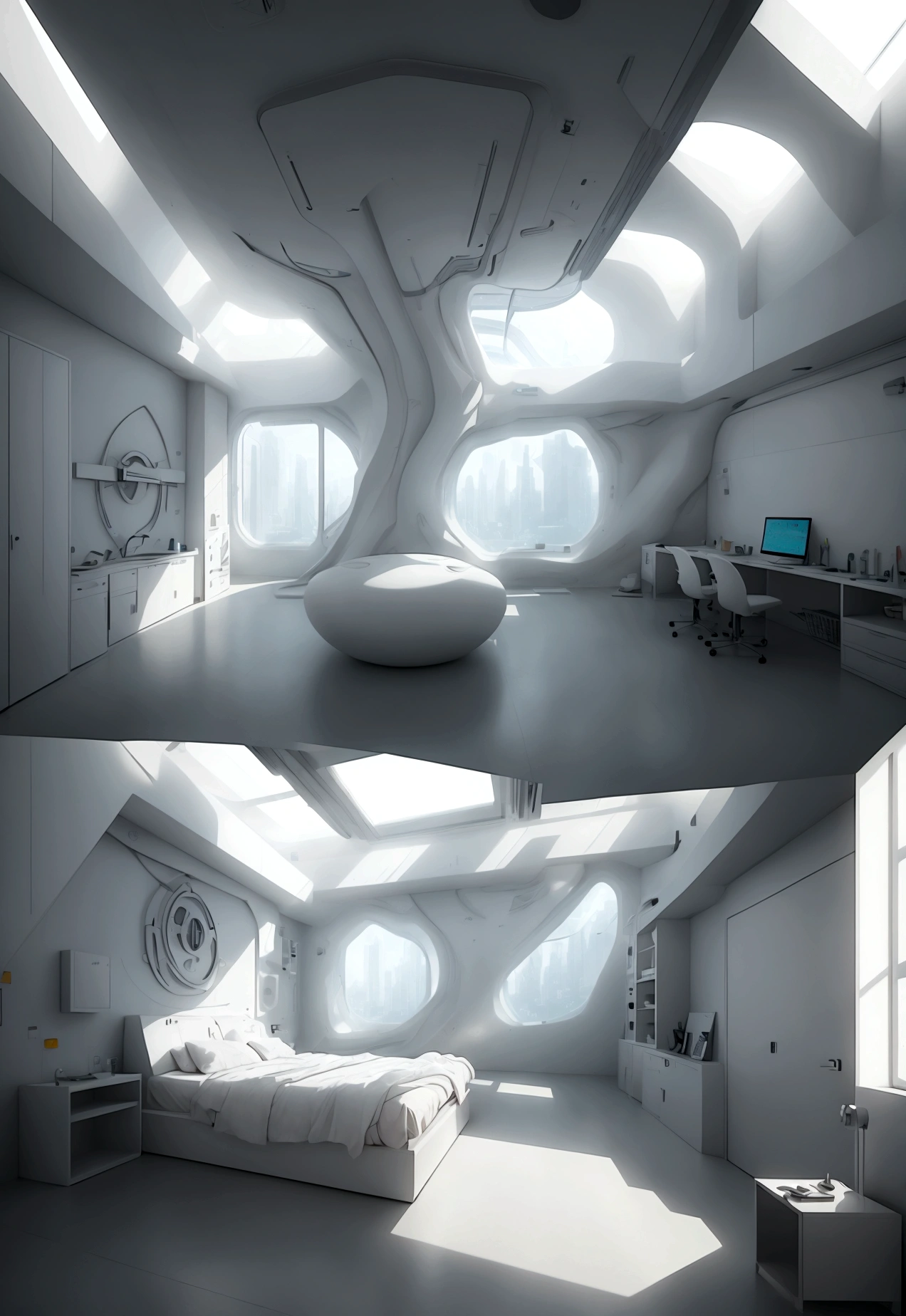 anime style, high-tech laboratory, surgery bed in the middle, low view, futuristic place incorporates organic fluidity、organic shapes, glass displays on the wall, dreamlike white desert, warm tones, indoor lighting, no windows, and use artistic imagination to render houses and landscapes, Pure white technology style, Spacious indoor space,super exquisite details,4K quality rendering
