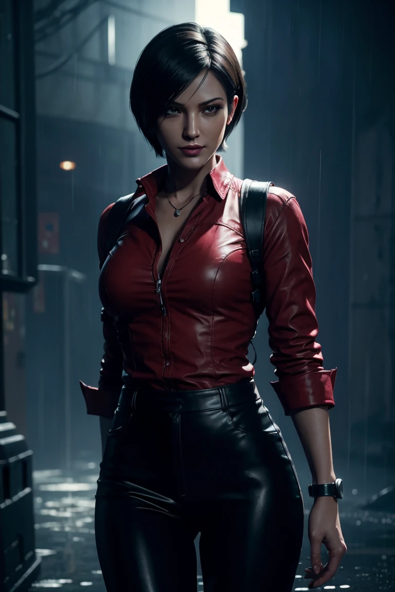 Resident Evil 6,Ada,Short Hair,Red Shirt,Stand up your collar,Black Leather Pants,Photorealistic,Ultra HD,high quality,masterpiece,Digital SLR,Detailed details,Intricate details,Anatomical basis,Depicted in detail,A detailed face,Realistic skin texture,Vivid details,Perfect Anatomy,Perfect Anatomy,Anatomically correct hand,Anatomically correct fingers,Super Detail,Complex 3D rendering,Sexy pose,Beautiful morning glory(flower),Rainy Sky,Beautiful scenery,Fantastic rainy sky,Picturesque,Pink Lips,smile,Fantastic butterflies々,