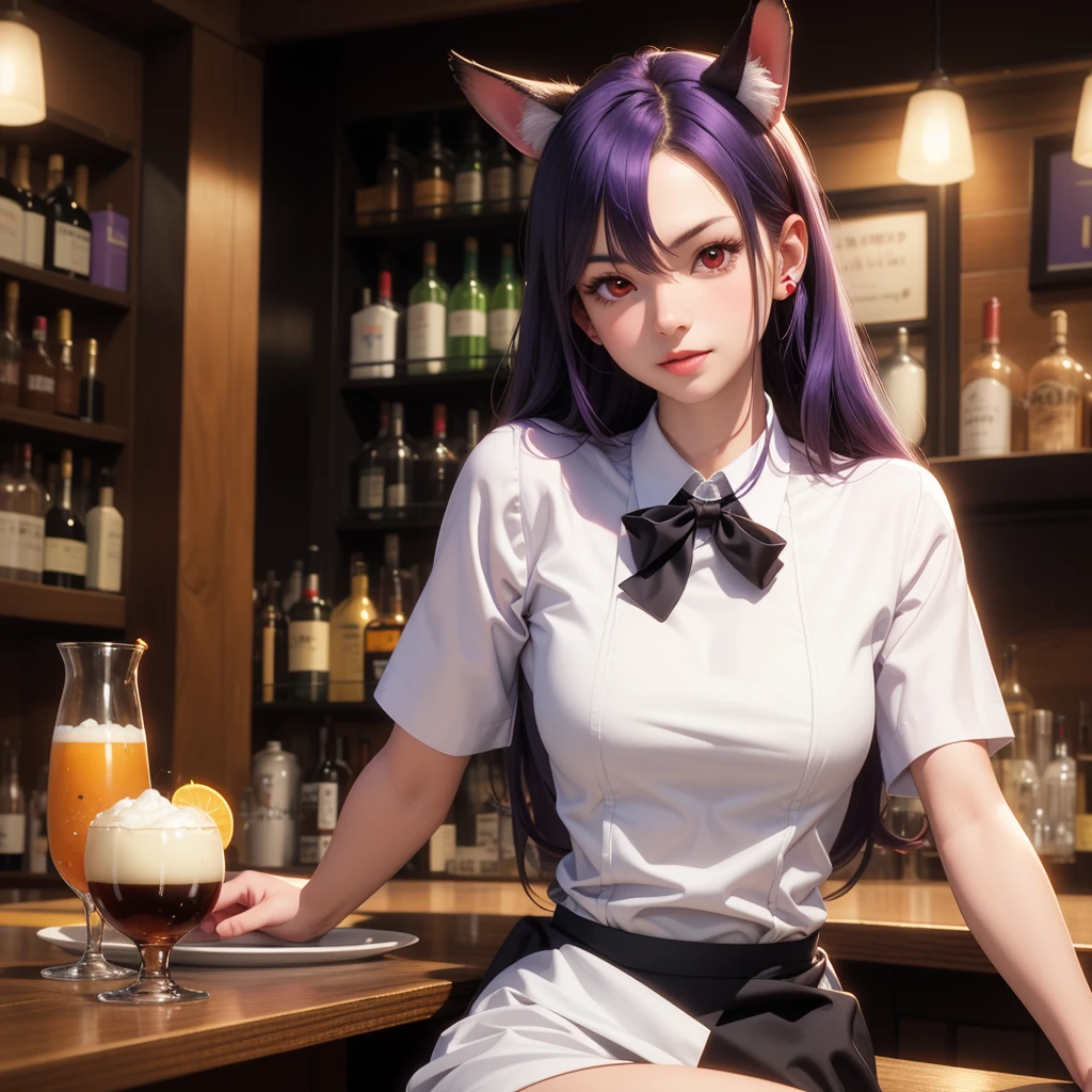 a teenage vampir wearing waiter clothes, with a face like a woman, red eyes and hair slightly long to the ears, hair red to purple,at bar,2d realistic anime,only him