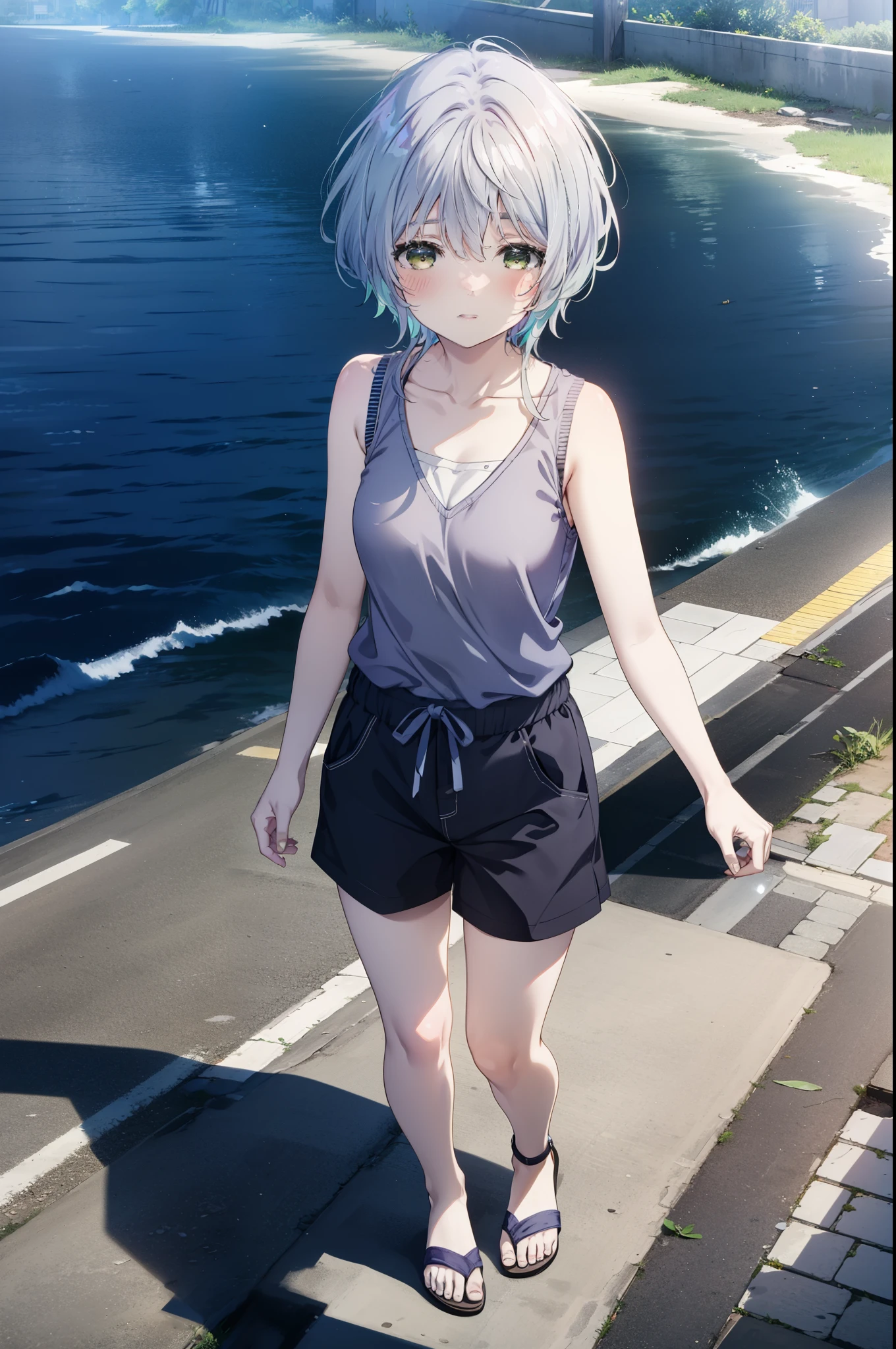 fuukakikuchi, fuuka kikuchi, 1Girl Girl,short hair, bangs, Hair between the eyes, (Green Eyes:1.3), Gray Hair,Black cardigan Front open,smile,blush,White vest,Red Tank Top,Shorts,Cute Sandals,whole bodyがイラストに入るように,Daytime,Clear skies,walking,
break outdoors, 海岸通り
break looking at viewer,whole body,Upper Body,
break (masterpiece:1.2), highest quality, High resolution, unity 8k wallpaper, (shape:0.8), (Fine and beautiful eyes:1.6), Highly detailed face, Perfect lighting, Highly detailed CG, (Perfect hands, Perfect Anatomy),