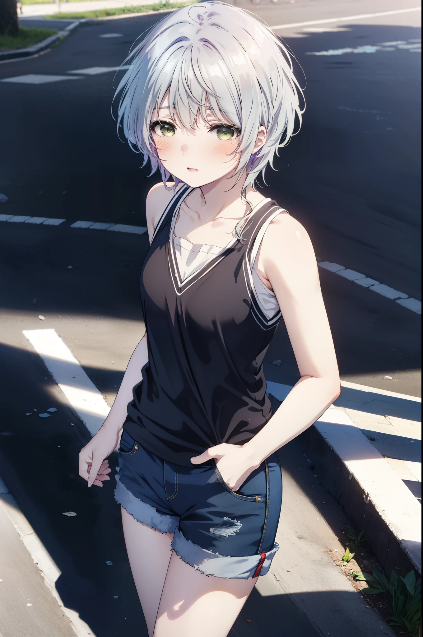 fuukakikuchi, fuuka kikuchi, １Girl Girl,short hair, bangs, Hair between the eyes, (Green Eyes:1.3), Gray Hair,Black cardigan　Front open,smile,blush,White vest,Red Tank Top,Shorts,Cute Sandals,whole bodyがイラストに入るように,Daytime,Clear skies,walking,
break outdoors, 海岸通り
break looking at viewer,whole body,Upper Body,
break (masterpiece:1.2), highest quality, High resolution, unity 8k wallpaper, (shape:0.8), (Fine and beautiful eyes:1.6), Highly detailed face, Perfect lighting, Highly detailed CG, (Perfect hands, Perfect Anatomy),