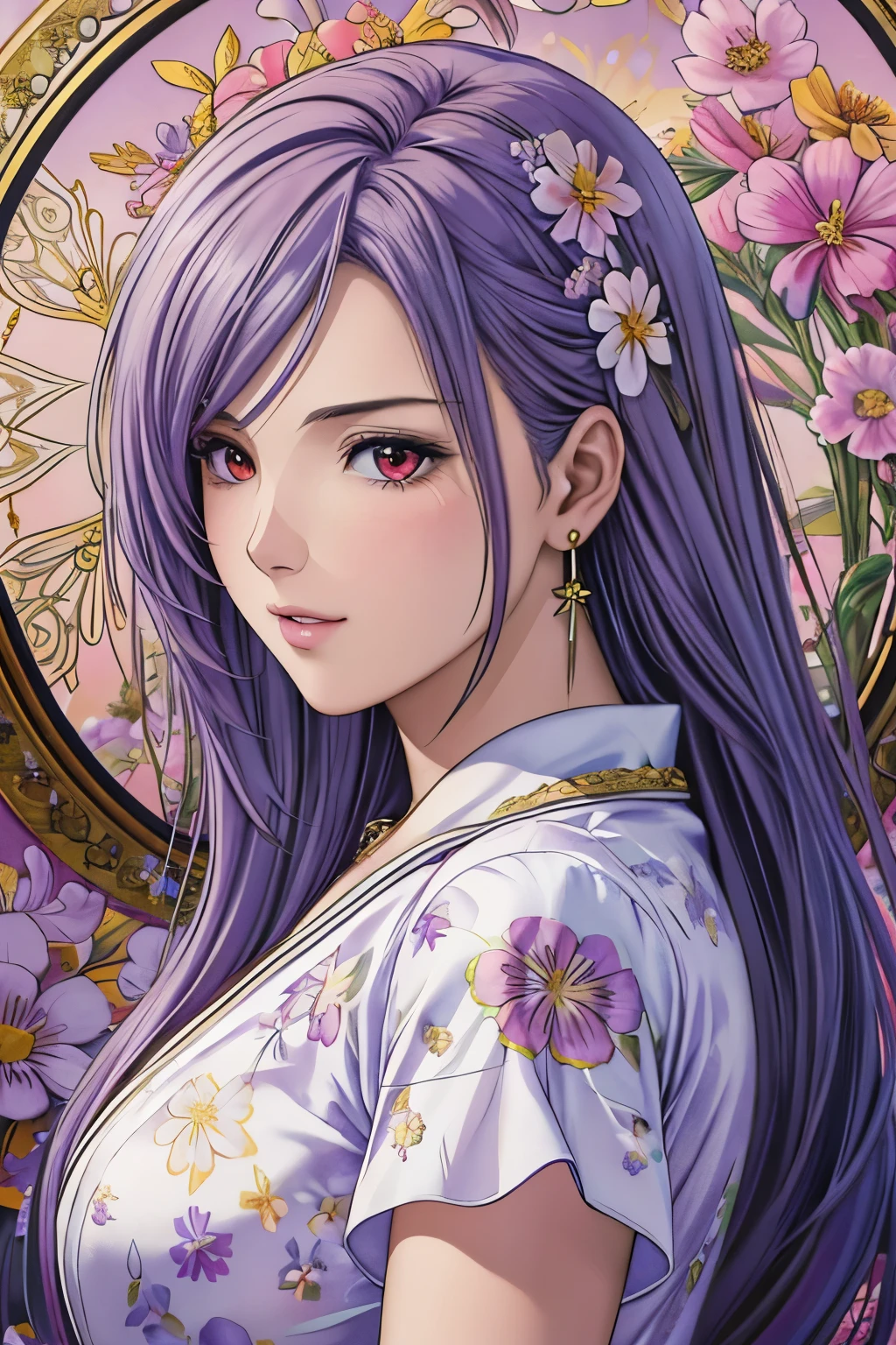 (masterpiece, top-quality, top-quality, Official art, Beautifully Aesthetic:1.2), red eyes, (highest quality, masterpiece painting:1.3), immature woman, 16 years old, (half body shot), masterpiece, ultra high resolution, (((Flower frame, A lot of flowers in the frame, round frame, A beautiful girl fits into the frame))), Decorative panel, abstract art, (shot from a side angle), (Photoreal:1.0), ((light purple hair)),straight hair, beautiful shining hair, white and shining skin, Painterly, sketch, Texture, 超A high resolution, solo, Beautuful Women, A highly detailed, (Fractal Art:1.1), (colourfull:1.1), (florals:1.6), The most detailed, (Zentangle:1.2), (Dynamic Poses), (Abstract background:1.3), (shinny skin), (Many colors:0.8), (earrings:1.4), (pluma:0.9), Taisho romance