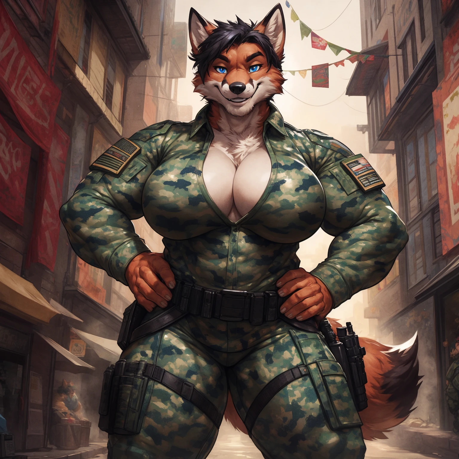 solo, 1girl, red fox, vixen, female, broad shoulders, stocky build, buff, muscular, large breasts, nipple outline, short hair, black hair, blue eyes, highly detailed eyes, Amazon, powerful figure, dressed in military fatigues, (urban camouflage pattern:1.6), sleeves rolled up, hands on hips, combat boots, pleasant smile, looking at viewer, by darkgem, by wfa,