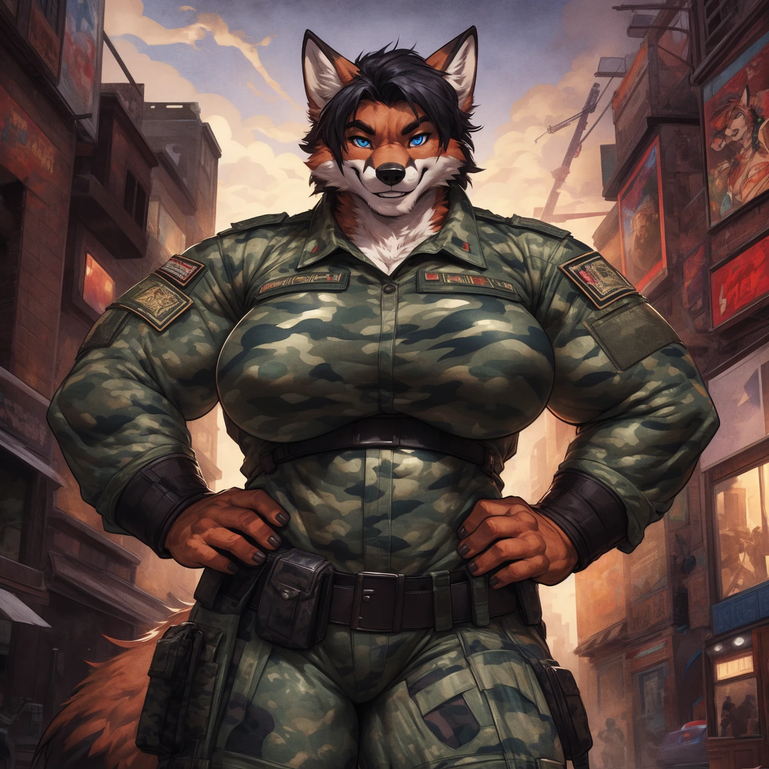 solo, 1girl, red fox, vixen, female, broad shoulders, stocky build, buff, muscular, large breasts, nipple outline, short hair, black hair, blue eyes, highly detailed eyes, Amazon, powerful figure, dressed in military fatigues, (urban camouflage pattern:1.6), sleeves rolled up, hands on hips, combat boots, pleasant smile, looking at viewer, by darkgem, by wfa,