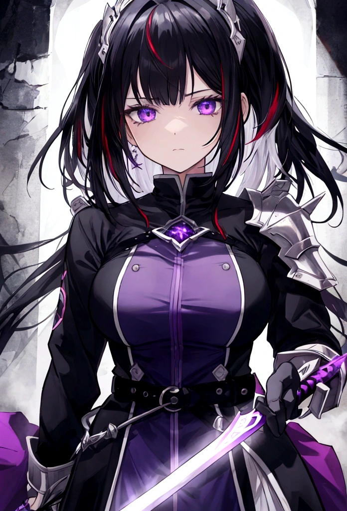 a woman with black hair and white streaks with sad expression holding a large purple sword, detailed eyes, detailed sword, cinematic lightning