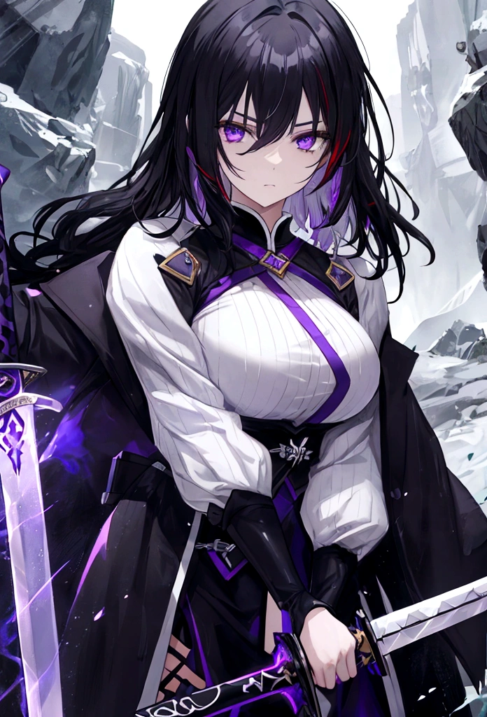 a woman with black hair and white streaks holding a large purple sword, detailed eyes, detailed sword, cinematic lightning