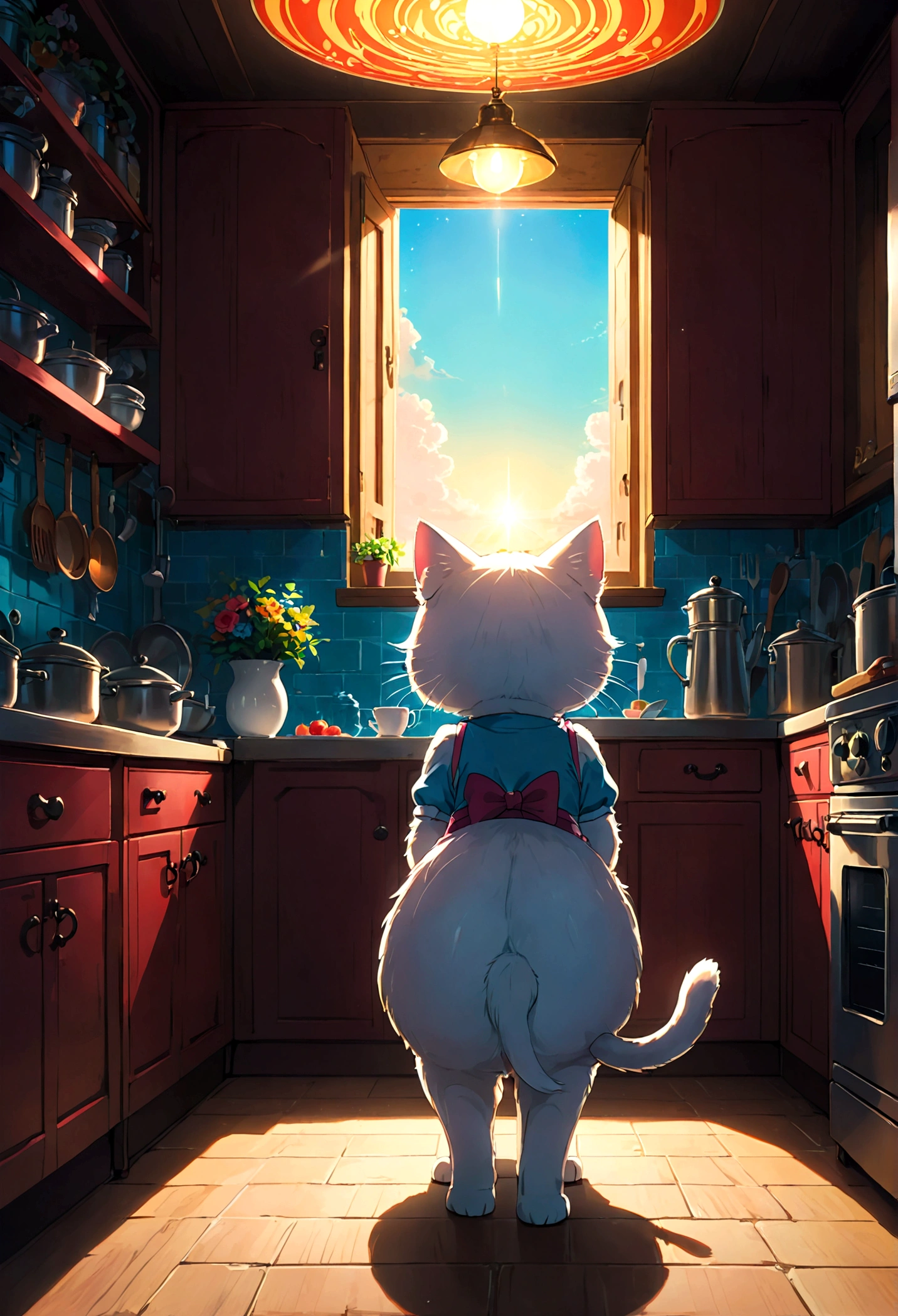 Hello Kitty cat, cute, (Back View:1.4), indoor, kitchen, anime screenshot, source_anime, dramatic composition, cinematic dynamic action scene, vibrant colors, cinematic lighting, dramatic lighting, best quality, masterpiece, very aesthetic, perfect composition, intricate details, ultra-detailed