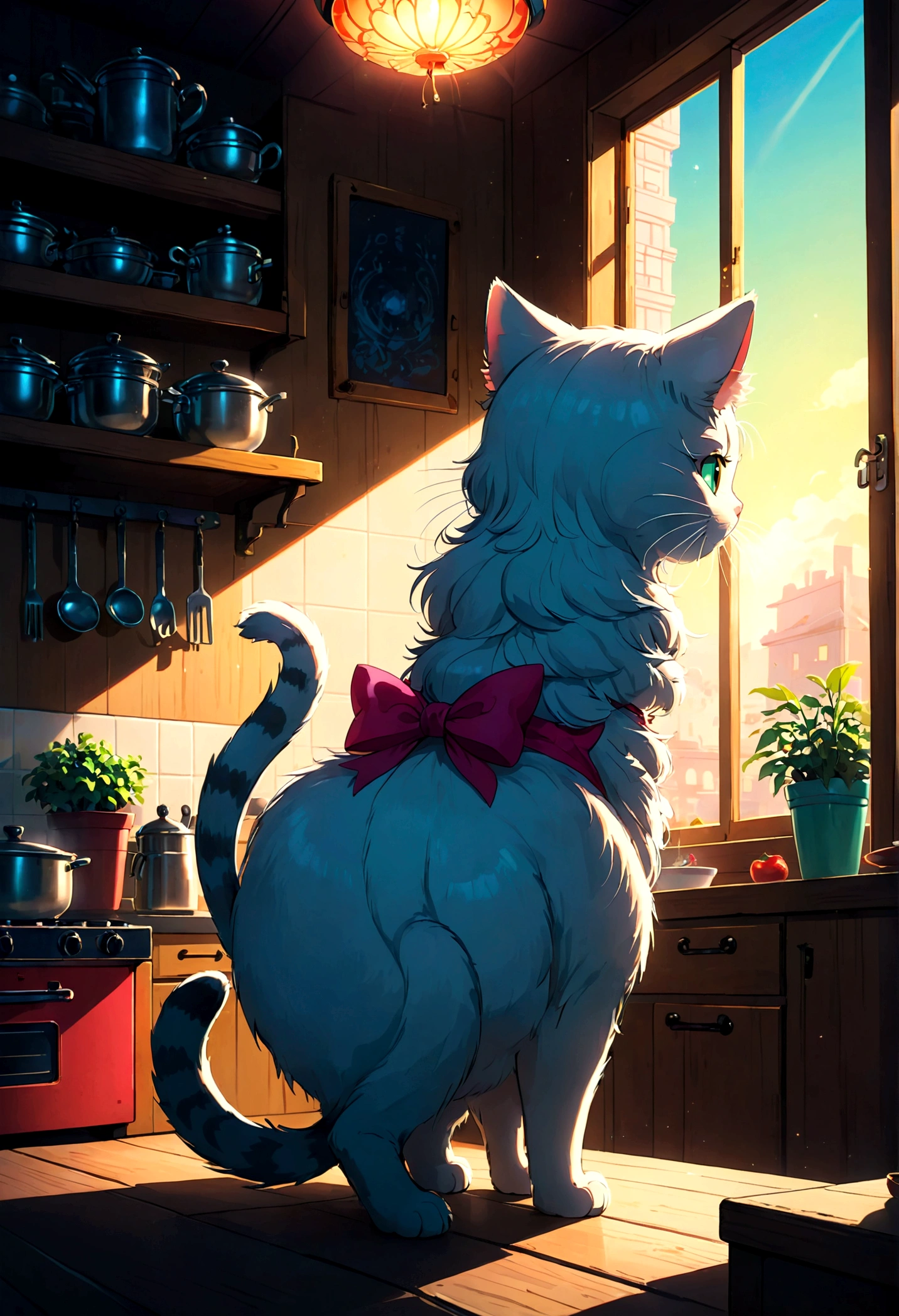 Hello Kitty cat, cute, (Back View:1.4), indoor, kitchen, anime screenshot, source_anime, dramatic composition, cinematic dynamic action scene, vibrant colors, cinematic lighting, dramatic lighting, best quality, masterpiece, very aesthetic, perfect composition, intricate details, ultra-detailed