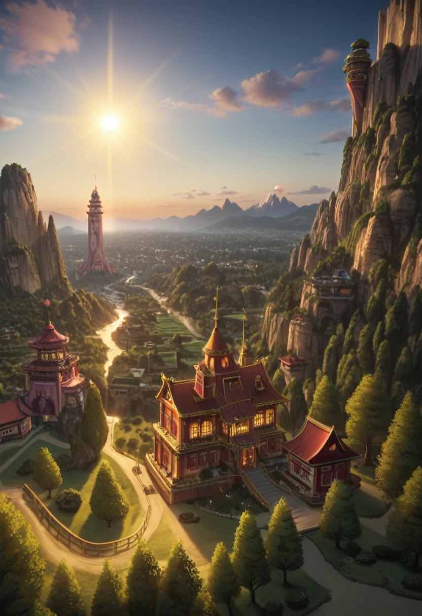 A golden city, beautiful landscape, golden light, golden sun in the sky, detailed oriental house. Masterpiece, 4k, ultra detailed