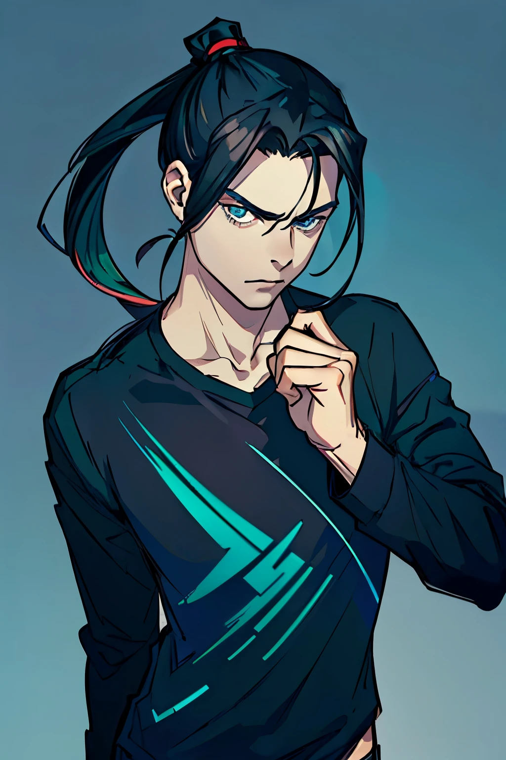 Handsome (((young man)), (((male))), intelligent, blue eyes, emerald eyes, black hair, straight hair, long hair, dark hair bound up in a ponytail, (((ponytail))), pale skin, serious expression, urban casual clothes, going through breakup, Stern fase, action pose
