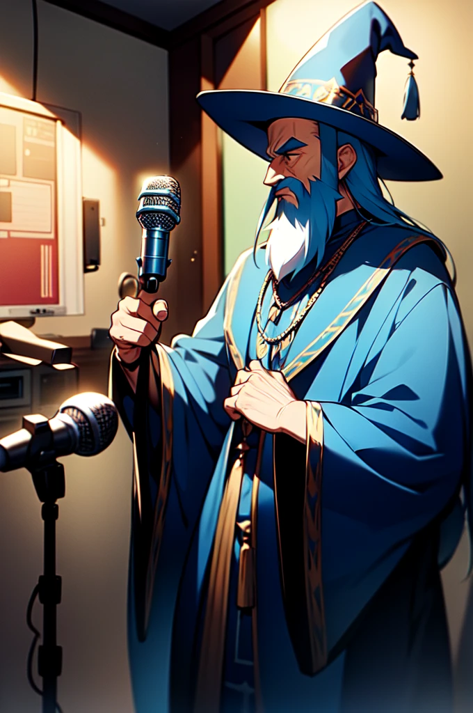 Old Wizard wearing a blue Wizard outfit and stacks of money in one hand microphone in the other and rocking a wicked Black beard in the recording studio, rapping into a hanging microphone, recording studio for music , soundproof walls, 4k , high quality, realistic ,digital art , Blue robe, Bluewizard hat , Mythical chains , Wizard staff with a microphone as the tip, {rapping into microphone} Looking away from viewer , looking at microphone
