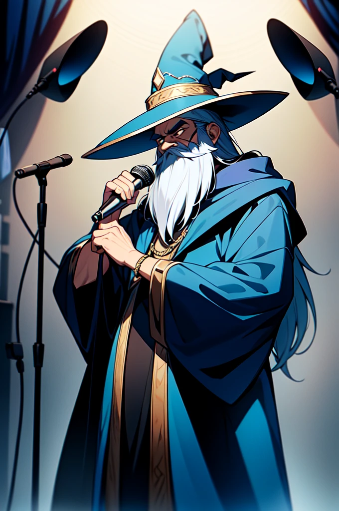 Old Wizard wearing a blue Wizard outfit and stacks of money in one hand microphone in the other and rocking a wicked Black beard in the recording studio, rapping into a hanging microphone, recording studio for music , soundproof walls, 4k , high quality, realistic ,digital art , Blue robe, Bluewizard hat , Mythical chains , Wizard staff with a microphone as the tip, {rapping into microphone} Looking away from viewer , looking at microphone