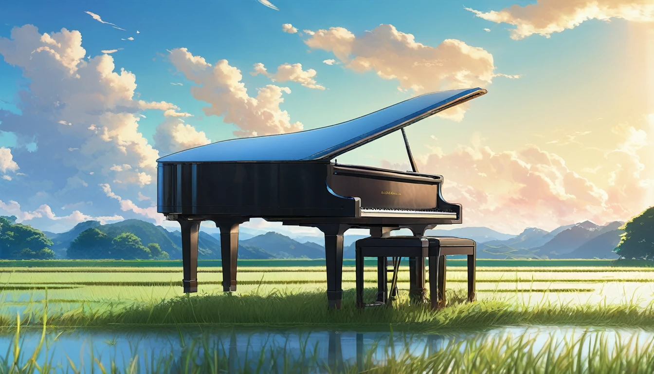 A grand piano placed on a bank in front of a Japanese rice field、The sky is a piercing blue.、Makoto Shinkai style touch、A grand piano placed on the bank in front of the rice fields、The piano is not submerged in water.