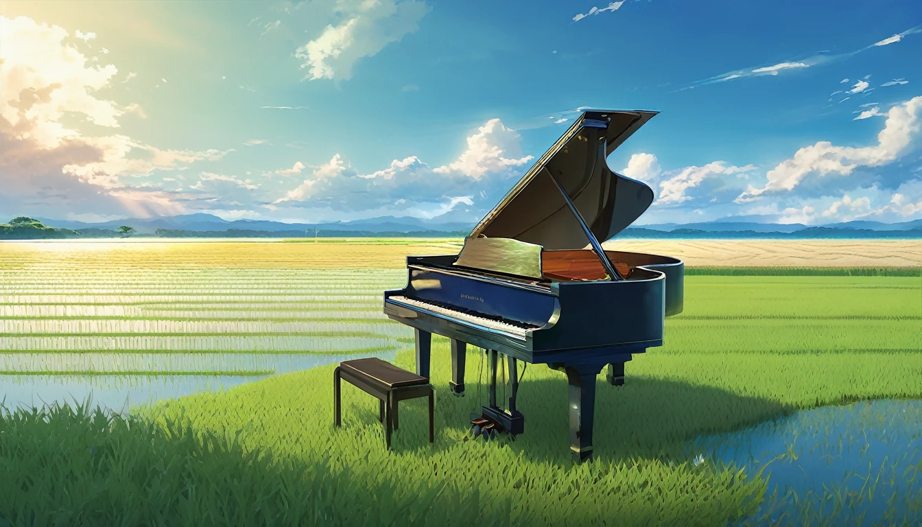 A grand piano placed on a bank in front of a Japanese rice field、The sky is a piercing blue.、Makoto Shinkai style touch、A grand piano placed on the bank in front of the rice fields、The piano is not submerged in water.
