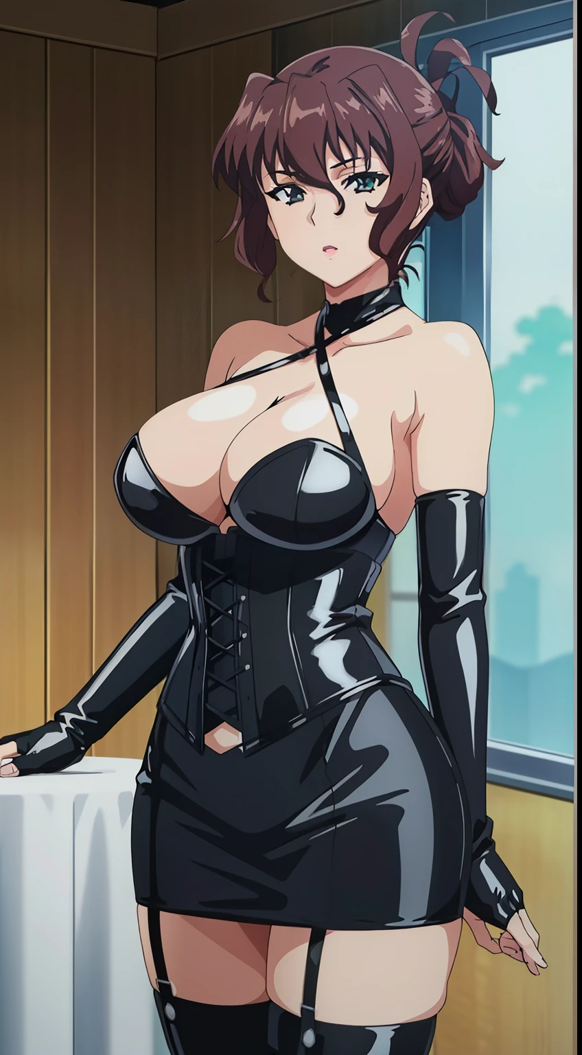 1 girl,alone,Aiko Katsuragi,adult,brown hair,bangs,big breasts, (Long gloves covered in black latex all the way to the fingertips), (Black latex corset dress), (Halter neck corset dress), (Black latex tight mini skirt), (Black thigh-high boots),
beautiful Finger,beautiful long legs,beautiful body,beautiful character design, perfect eyes, Perfect face,expressive eyes, looking at the viewer, in the center of the image,cowboy shot,(whole body_body), official art,High Definition CG Unity, Perfect lit, bright_front_face_lit, (table top:1.0),(Highest_quality:1.0),4k,Super detailed, photograph, 8K, nffsw, High resolution, absurd:1.2, kodak portrait 400, film grain, Lens flare, (lively_color:1.2) (beautiful,big breasts:1.4), (beautiful_face:1.5),(narrow_waist),