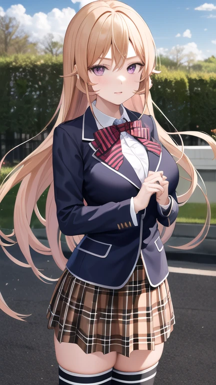 masterpiece, best quality, highres, aaerina, long hair, red bow, striped bow, blazer, blue jacket, long sleeves, plaid skirt, brown skirt, black thighhighs, outdoors, cowboy shot, standing, looking at viewer,