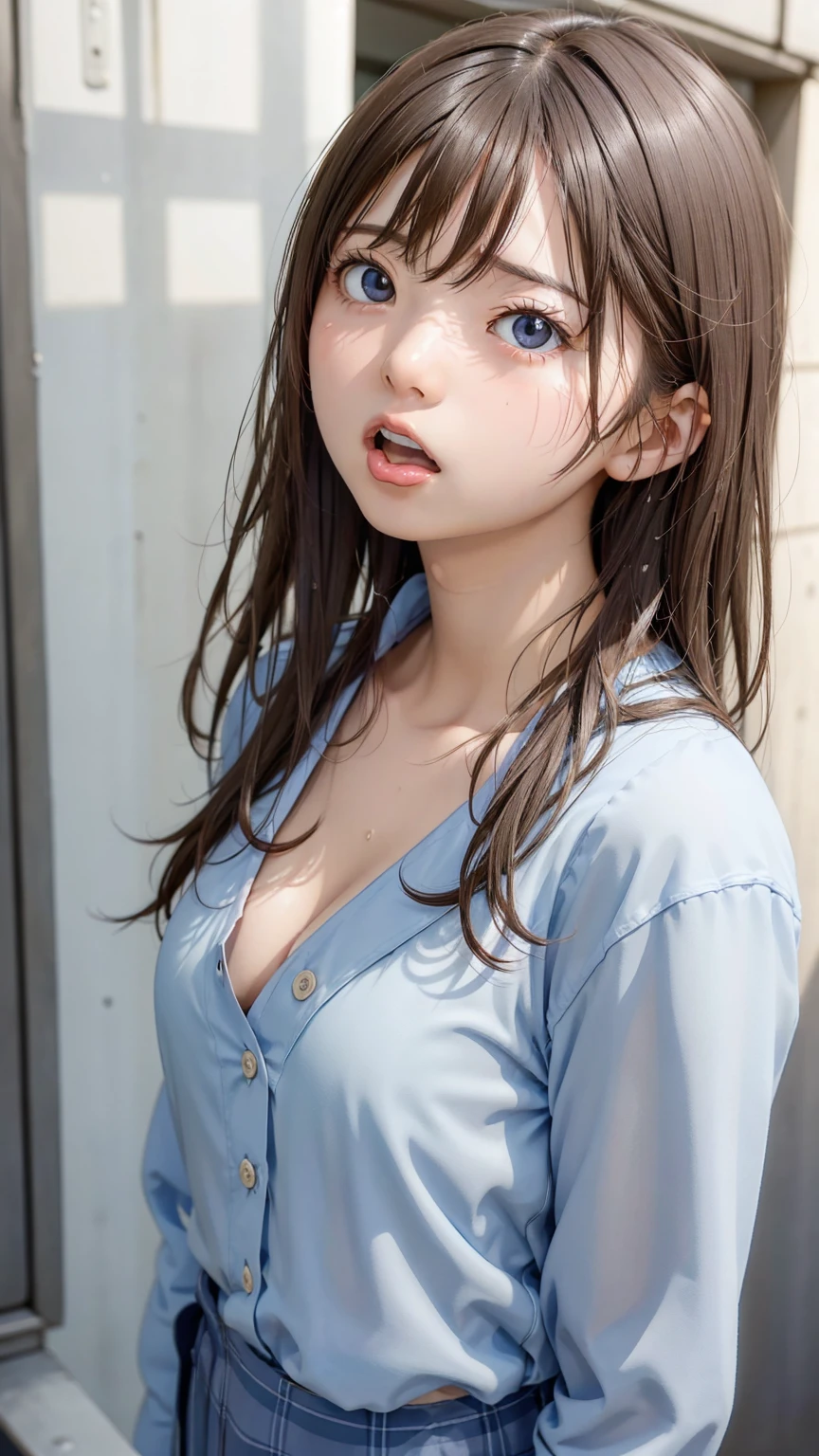 8K quality、High resolution、Realistic skin texture、High resolutionの瞳、woman、Japanese summer high school girls uniform、Princess Hair、thin、リアルなwoman性器、Small and young breasts、Realistic tongue、Beautiful cleavage、Brown Hair、blue eyes、thin脚、Sweating profusely、Sweat accumulates in the chest、Evening schoolyard、Shooting from the side、Open your mouth wide、Give a blowjob