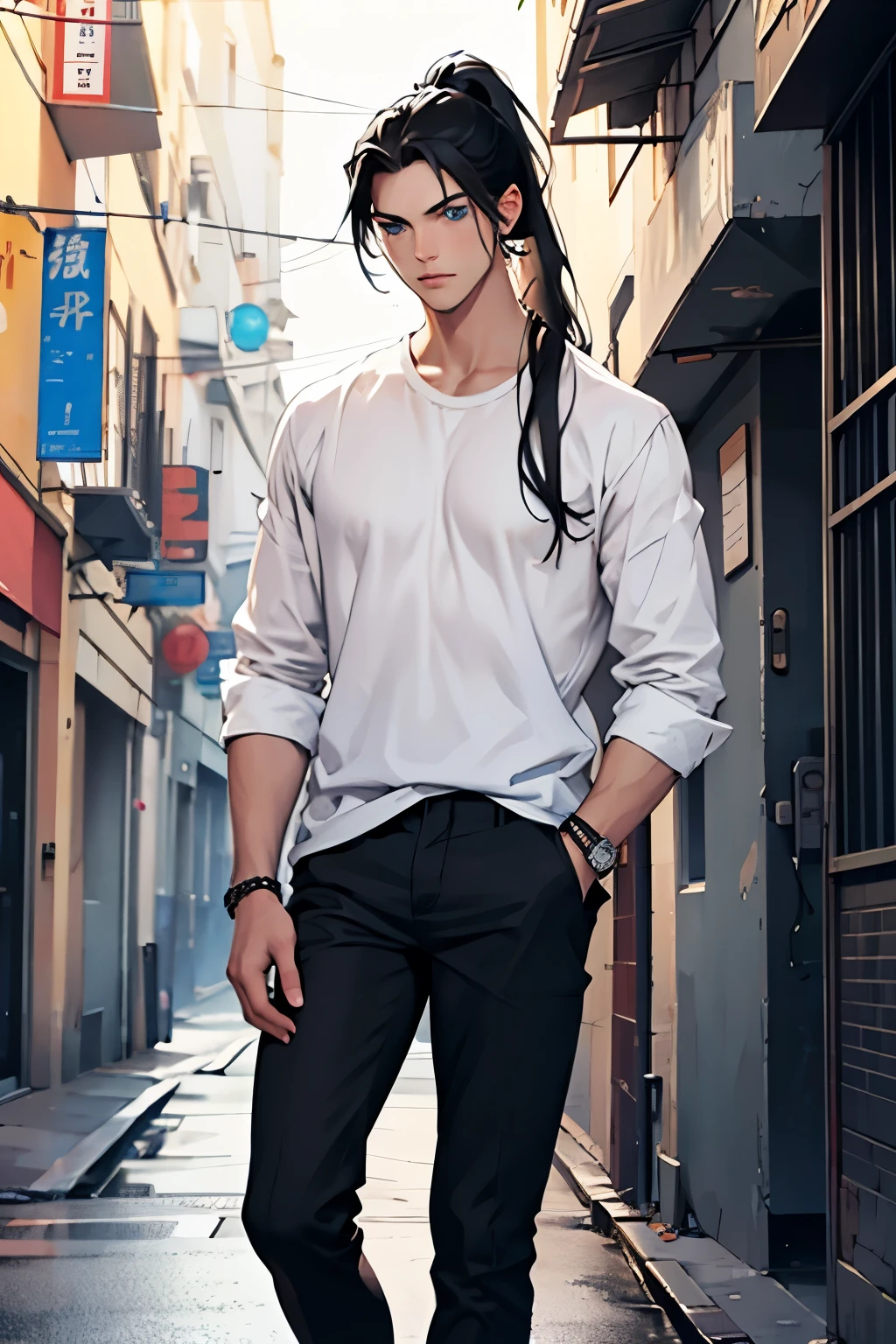 white young man, BLUE eyes, tall, white shirt, black pants, stylish hair, black hair, casual clothes, long hair, ponytail