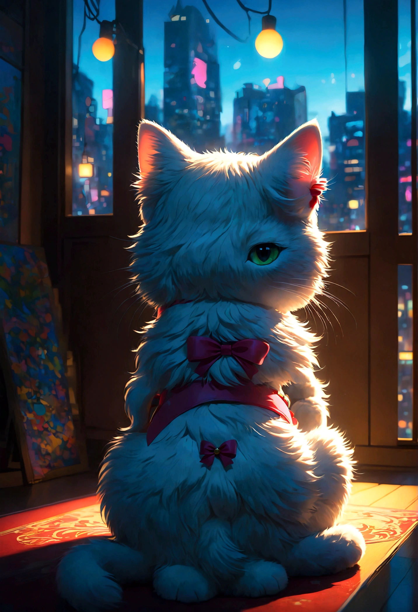 Hello Kitty cat, cute, (Back View:1.4), indoor, by the window, anime screenshot, source_anime, dramatic composition, cinematic dynamic action scene, vibrant colors, cinematic lighting, dramatic lighting, best quality, masterpiece, very aesthetic, perfect composition, intricate details, ultra-detailed